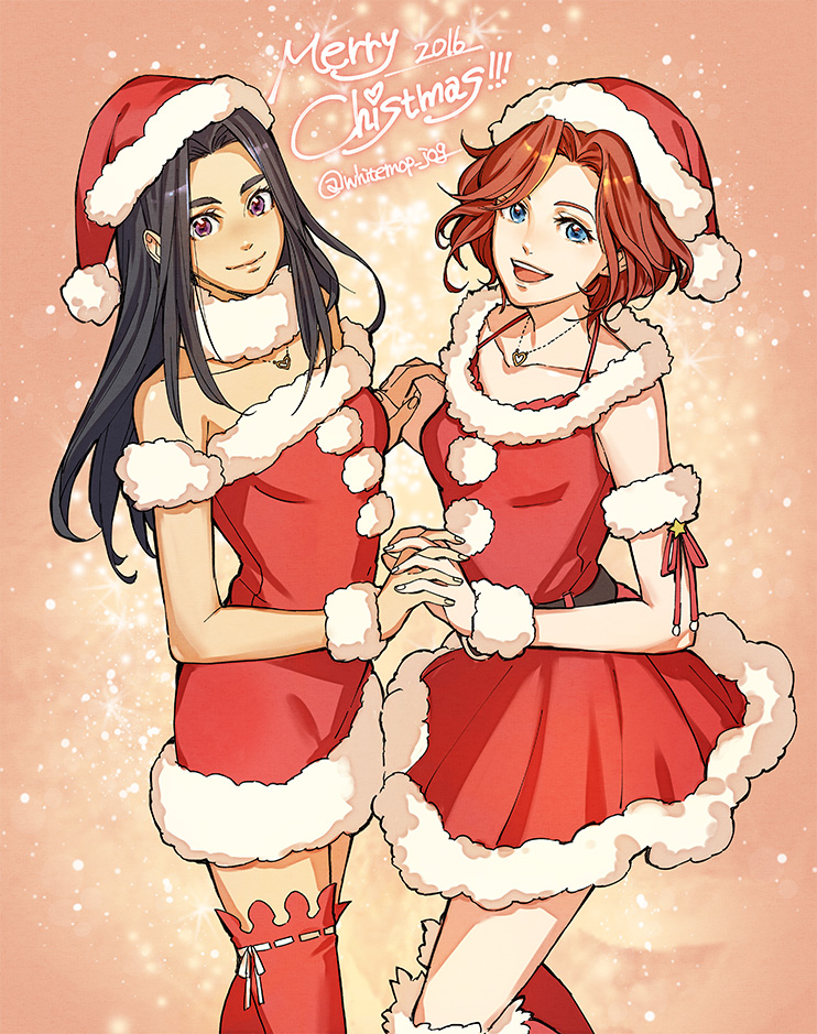 10s, 2016, 2girls, black_hair, blue_eyes, christmas, dress, holding_hands