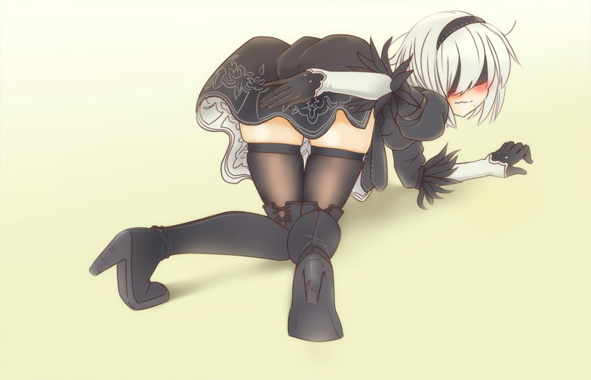 1girl, 2b_(nier:automata), all_fours, android, ass, black_dress, black_gloves, black_thighhighs, blindfold, blush, boots, breasts, covering_ass, covering_privates, dress, embarrassed, female_focus, foreshortening, from_behind, full_body, gloves, gradient_background, hairband, high_heel_boots, high_heels, highres, looking_at_viewer, mole, mole_under_mouth, mr_very, nier:automata, nier_(series), short_hair, sideboob, solo, thigh_boots, thigh_gap, thighhighs, wavy_mouth, white_hair, zettai_ryouiki