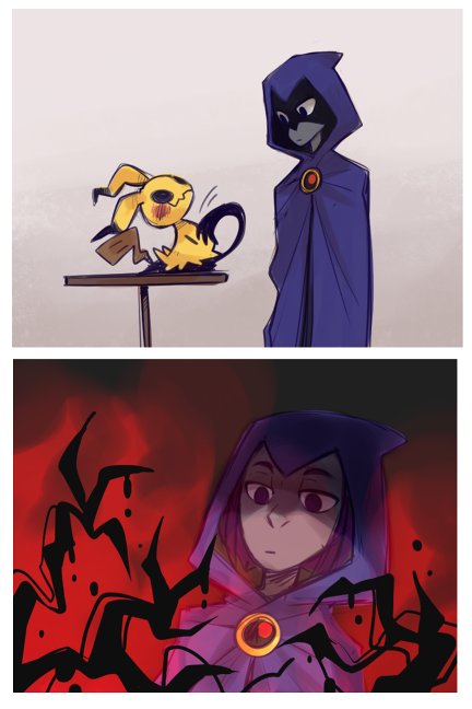 1girl, 2koma, cape, colored_skin, comic, crossover, dc_comics, female_focus, gen_7_pokemon, grey_skin, leotard, mimikyu, nintendo, pokemon, pokemon_(creature), pokemon_sun_and_moon, rad_dar, raven_(dc), shadow, silent_comic, teen_titans, upper_body