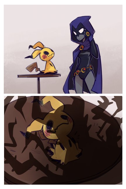 1girl, 2koma, bridal_gauntlets, cape, colored_skin, comic, crossover, dc_comics, female_focus, gen_7_pokemon, grey_skin, leotard, mimikyu, nintendo, pokemon, pokemon_(creature), pokemon_sun_and_moon, rad_dar, raven_(dc), shadow, silent_comic, sleeved_leotard, teen_titans