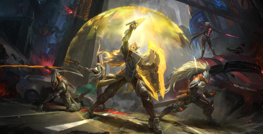 2girls, 5boys, alternate_costume, alternate_hair_color, arm_behind_back, arm_support, arm_up, armor, ass, bad_id, bad_pixiv_id, battle, battlecast_prime_cho'gath, battlecast_vel'koz, belt_pouch, blonde_hair, broken, building, cape, car, caution, cho'gath, cloud, cloudy_sky, contrapposto, creator_viktor, cyberpunk, cyborg, debris, dreadlocks, dual_wielding, dust, dust_cloud, energy_barrier, explosion, fighting_stance, fiora_(league_of_legends), firing, glowing, glowing_eyes, glowing_sword, glowing_weapon, gun, handgun, helmet, highres, holding, holding_staff, holding_sword, holding_weapon, league_of_legends, leona_(league_of_legends), linger_ftc, long_hair, looking_down, looking_to_the_side, lucian_(league_of_legends), master_yi, md5_mismatch, motor_vehicle, multiple_boys, multiple_girls, on_one_knee, open_mouth, orange_hair, outdoors, outstretched_arm, pistol, ponytail, pouch, power_armor, project:_fiora, project:_leona, project:_lucian, project:_yasuo, project:_yi, project:_zed, realistic, red_eyes, resolution_mismatch, riding, road, robot, ruins, science_fiction, sheath, shield, short_hair, sky, smoke, sparks, staff, standing, sword, tentacles, unsheathing, vel'koz, very_long_hair, viktor_(league_of_legends), visor, weapon, white_hair, wind, yasuo_(league_of_legends), zed_(league_of_legends)