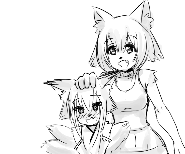 10s, 2girls, animal_ears, artist_request, blush, dog_ears, fox_ears, fox_tail
