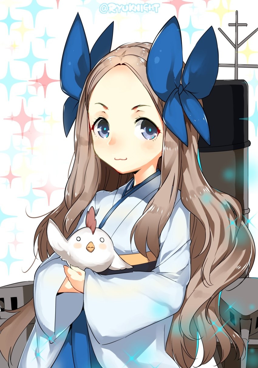 10s, 1girl, anchor, animal, asakaze_(kancolle), bird, blue_eyes, blue_skirt, bow, chicken, hair_bow, hair_ribbon, hakama, hakama_short_skirt, hakama_skirt, highres, japanese_clothes, kantai_collection, light_brown_hair, long_hair, looking_at_viewer, meiji_schoolgirl_uniform, naitou_ryuu, parted_bangs, ribbon, rigging, rooster, ship_turret, sidelocks, skirt, smile, wavy_hair