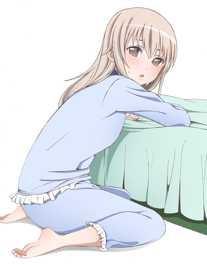 1girl, :o, arm_support, barefoot, bed, blush, brown_eyes, brown_hair