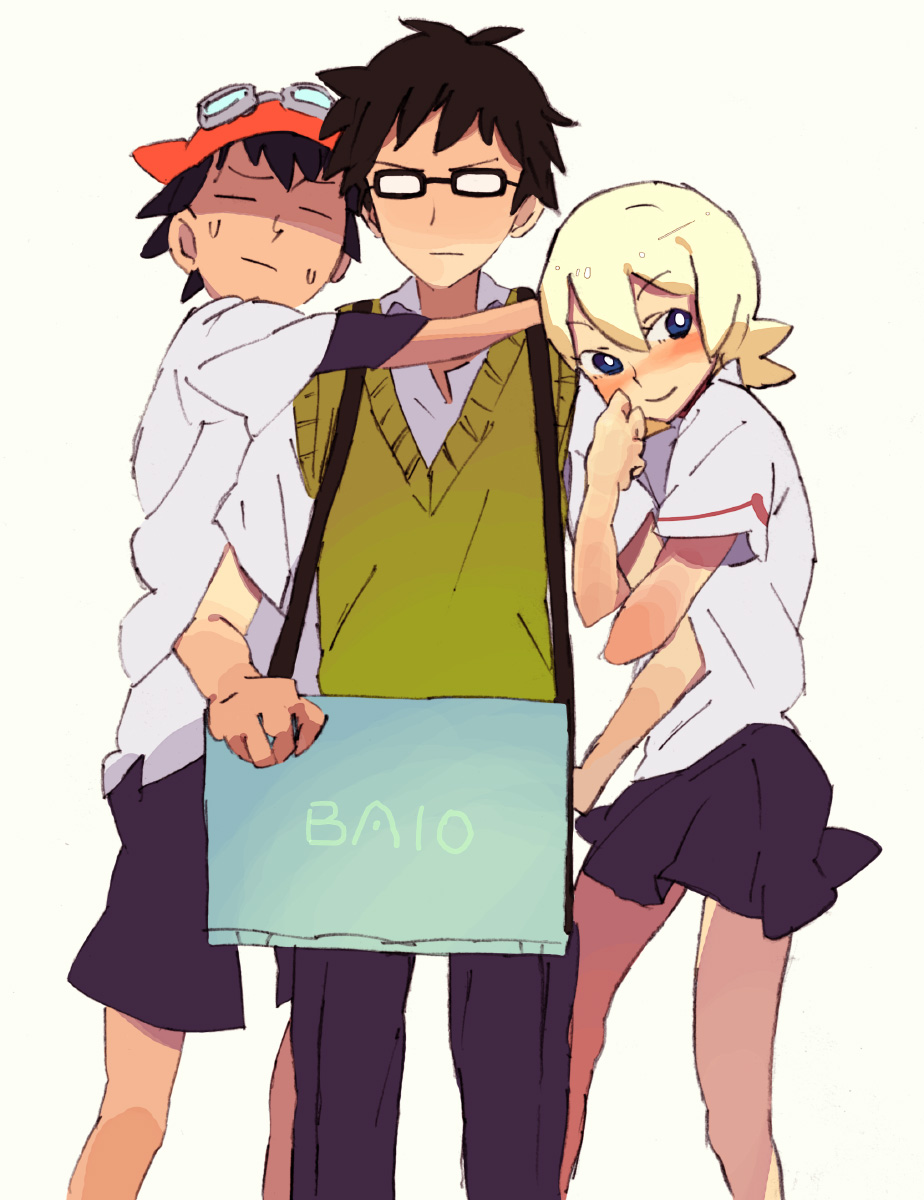 1girl, 2boys, arm_grab, black_hair, blonde_hair, blue_eyes, blush, computer