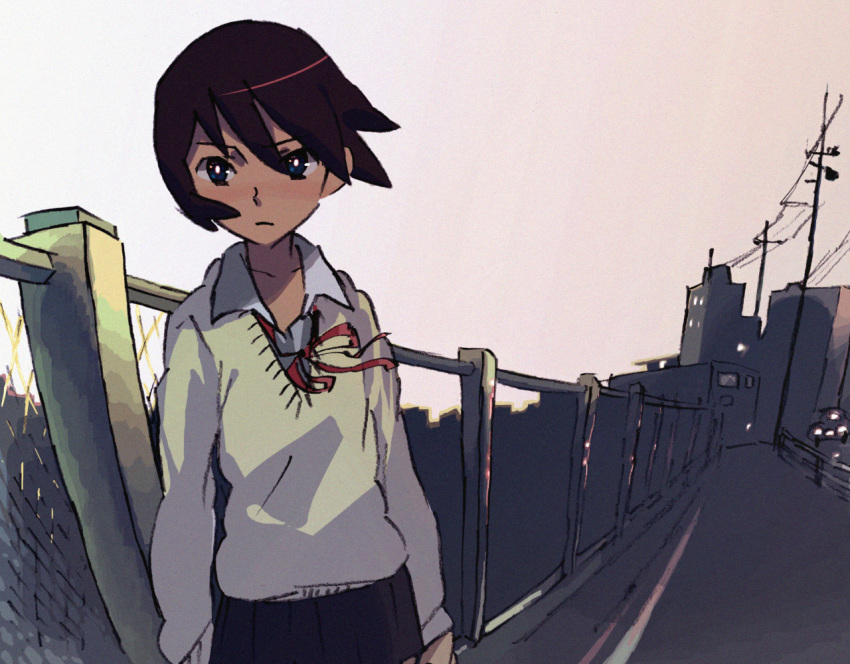 1boy, arms_at_sides, blue_eyes, brown_hair, crossdressing, crossdressing_(mtf), kaiza, loose_neck_ribbon