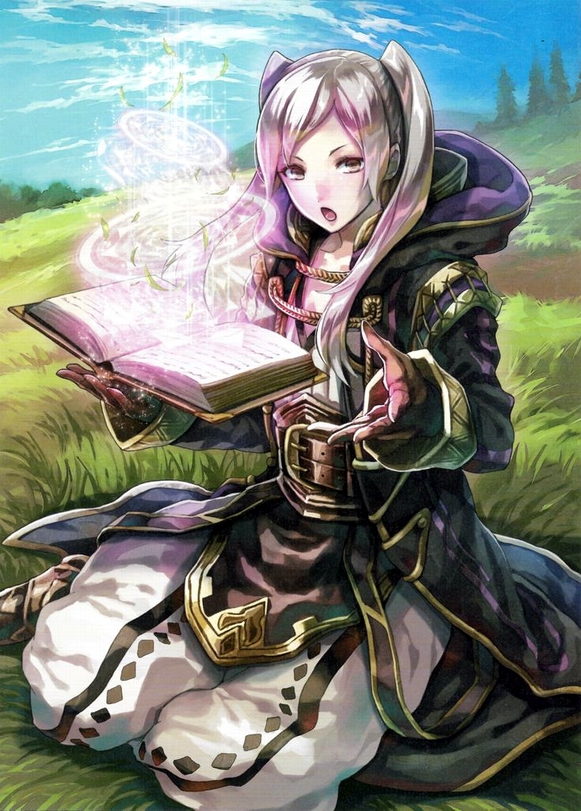 1girl, belt, bisai, book, boots, coat, day, female_focus, female_robin_(fire_emblem), fire_emblem, fire_emblem_awakening, fire_emblem_cipher, gloves, hood, hooded_jacket, jacket, knee_boots, long_hair, long_sleeves, looking_at_viewer, magic, nintendo, open_mouth, outdoors, pants, sitting, sleeves_past_wrists, solo, twintails, white_hair, wizard