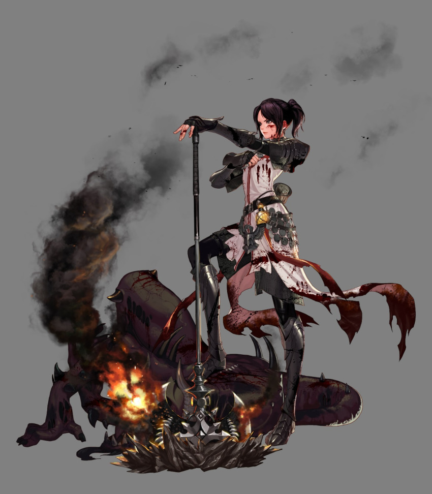 00s, armor, armored_boots, artist_request, belt, black_hair, blood, blood_on_face