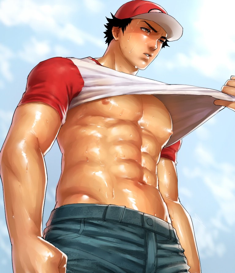 1boy, alternate_color, assisted_exposure, bara, bare_pectorals, baseball_cap, bitaro, black_hair