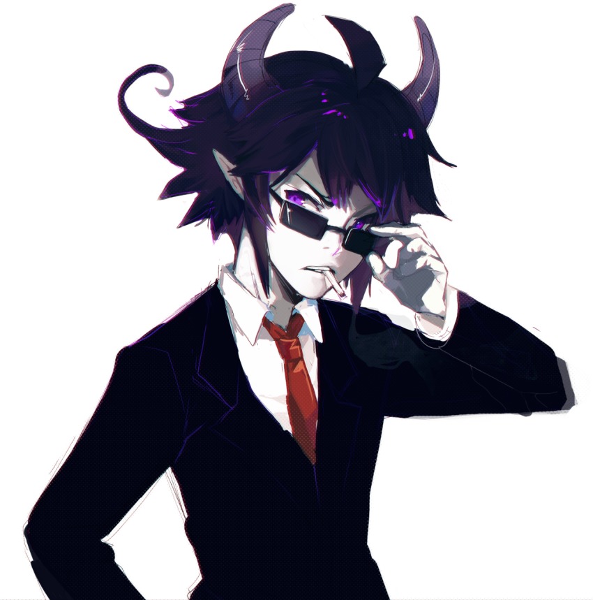 1boy, adjusting_eyewear, cigarette, demon, formal_clothes, funamusea, glasses, glasses_(funamusea), highres, horns, male_focus, necktie, pointy_ears, purple_eyes, sebychu, shirt, smoking, solo, suit, sunglasses, sutare_yume, theuselesstoe, white_shirt