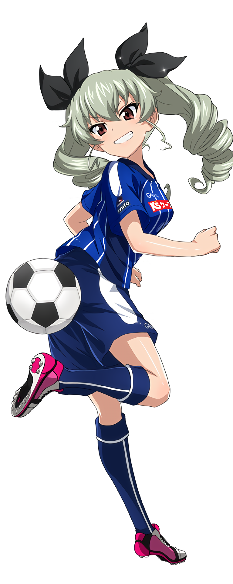 >:d, 10s, 1girl, :d, anchovy_(girls_und_panzer), ball, blue_shorts, blue_socks