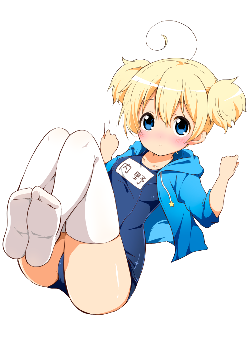 1girl, ahoge, bed_sheet, blonde_hair, blue_eyes, blue_one-piece_swimsuit, blush, breasts