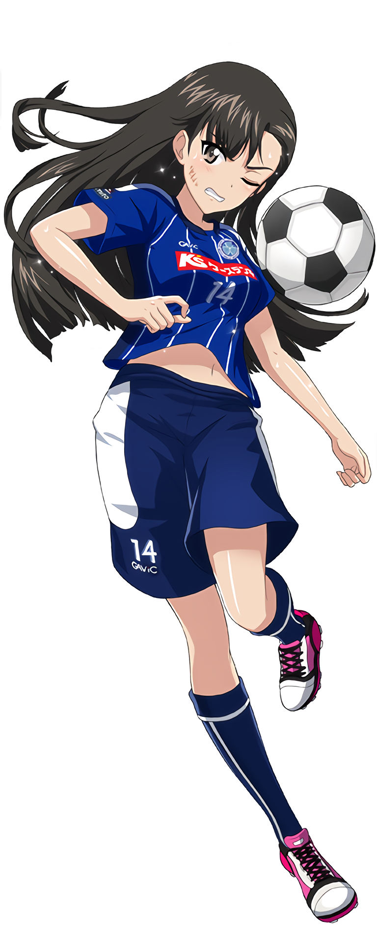 10s, 1girl, ball, black_hair, blue_shorts, blue_socks, blush, brown_eyes