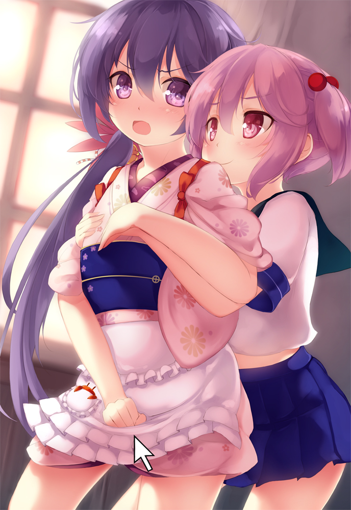 10s, 2girls, akebono_(kancolle), akebono_(new_year)_(kancolle), animal, apron, bell, blush