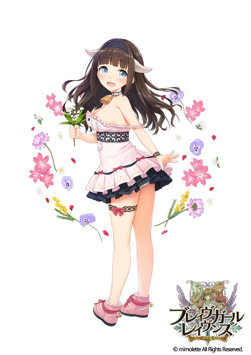 1girl, :d, black_skirt, blue_flower, blue_pansy, brave_girl_ravens, breasts, brown_hair, copyright_name, f-cla, female_focus, flower, full_body, green_eyes, hairband, highres, horns, jewelry, layered_skirt, lily_of_the_valley, long_hair, looking_at_viewer, looking_back, medium_breasts, mimosa_(flower), miruru_dize, neck_bell, official_art, open_mouth, pansy, panties, pantyshot, pink_shoes, shoes, skirt, smile, solo, standing, strap_slip, thighlet, underwear, white_background