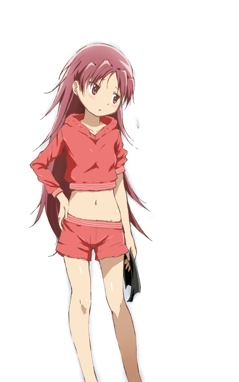10s, 1girl, black_ribbon, brown_eyes, crop_top, female_focus, hair_down, hair_ribbon, hand_on_own_hip, highres, holding, holding_ribbon, kinfuji, long_hair, long_sleeves, looking_to_the_side, mahou_shoujo_madoka_magica, mahou_shoujo_madoka_magica_(anime), midriff, navel, pajamas, red_hair, ribbon, unworn_ribbon, sakura_kyoko, shorts, sleeve_pushed_up, solo, white_background