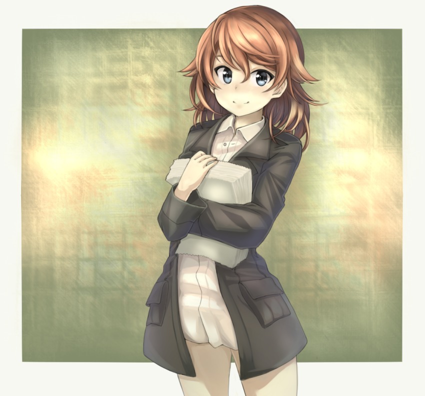 1girl, blue_eyes, brown_hair, female_focus, harriet_steer, jacket, looking_at_viewer, m4k155, military, military_uniform, papers, smile, solo, strike_witches, world_witches_series