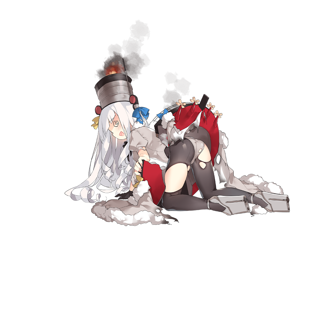 1girl, @_@, all_fours, ass, black_gloves, blue_bow, blue_ribbon, bow, breasts, broken, cannon, damaged, drill_hair, female_focus, fire, from_behind, full_body, fur_trim, gloves, grey_pantyhose, grey_shirt, grey_skirt, hair_ribbon, hat, juliet_sleeves, long_hair, long_sleeves, nail_polish, novgorod_(warship_girls_r), official_art, open_mouth, pantyhose, platform_shoes, propeller, puffy_sleeves, ribbon, rigging, saru, shirt, shoes, single_glove, skirt, smoke, smokestack, solo, torn_clothes, torn_pantyhose, transparent_background, warship_girls_r, white_hair, white_shoes, yellow_bow, yellow_ribbon