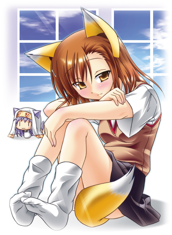 00s, akari_ryuryuwa, animal_ears, blue_hair, blush, brown_eyes, brown_hair, feet