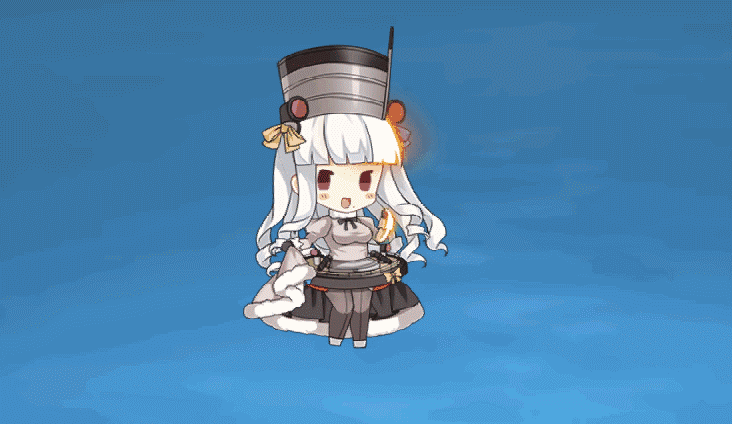 1girl, @_@, animated, animated_gif, black_gloves, blue_background, blue_ribbon, blush_stickers, breasts, chibi, female_focus, fur_trim, gloves, grey_shirt, grey_skirt, hair_ribbon, hat, long_hair, novgorod_(warship_girls_r), open_mouth, outstretched_arms, pantyhose, ribbon, rigging, shirt, skirt, solo, spinning, warship_girls_r, water, white_hair, yellow_ribbon