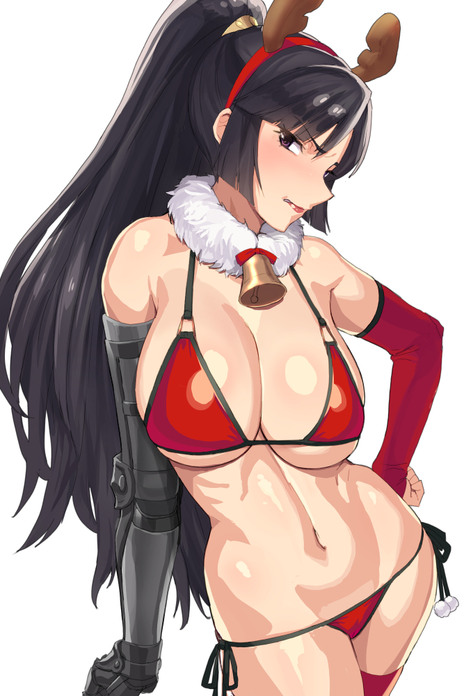 10s, 1girl, antlers, bell, bikini, black_hair, blush, breasts, christmas, cleavage, collar, commentary_request, contrapposto, cowboy_shot, cross_ange, elbow_gloves, female_focus, frown, fur_collar, gloves, hand_on_own_hip, horns, jill_(cross_ange), large_breasts, lipstick, long_hair, looking_at_viewer, makeup, mechanical_arms, navel, neck_bell, ponytail, red_bikini, reindeer_antlers, santa_bikini, santa_costume, shiny_skin, side-tie_bikini_bottom, sideburns, simple_background, single_elbow_glove, single_glove, single_mechanical_arm, solo, standing, swimsuit, teeth, tenchisouha, thighhighs, underboob, white_background