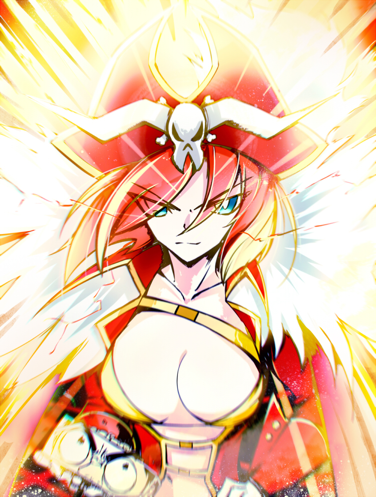 10s, 1boy, 1girl, bikini, blue_eyes, breasts, cape, cleavage, eyes_visible_through_hair, frozen, fur_trim, hat, keiji_(uchuu_patrol_luluco), lalaco_godspeed, looking_at_viewer, medium_breasts, motion_lines, phantom_(pixiv), pirate_costume, pirate_hat, revealing_clothes, short_hair, speed_lines, swimsuit, uchuu_patrol_luluco, yellow_bikini