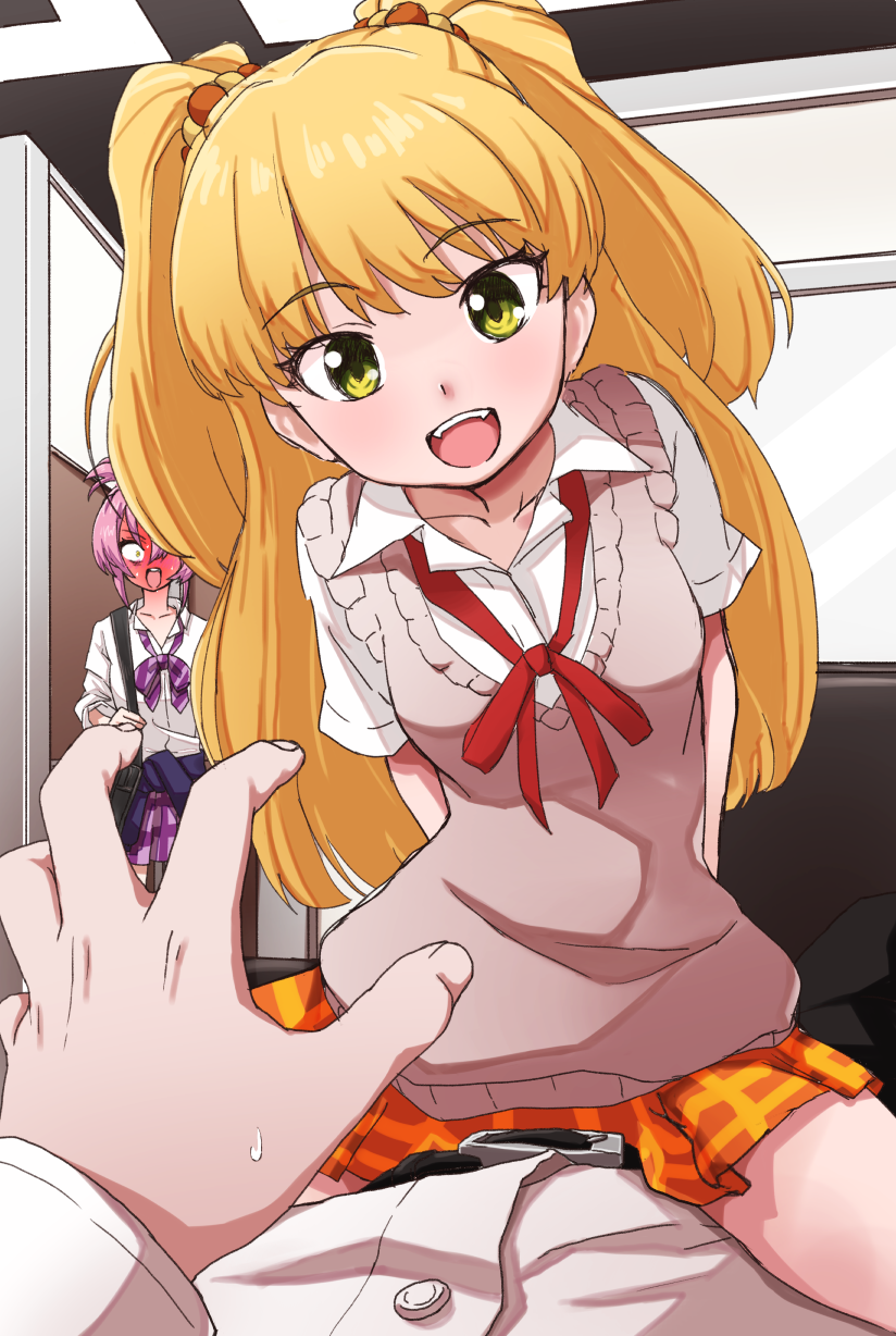 10s, 1boy, 2girls, bag, blonde_hair, blush, checkered_clothes, checkered_skirt, clothes_around_waist, collarbone, full-face_blush, head_tilt, highres, idolmaster, idolmaster_cinderella_girls, jacket, jacket_around_waist, jougasaki_mika, jougasaki_rika, morino_shoutarou, multiple_girls, open_mouth, pink_hair, pleated_skirt, pov, producer_(idolmaster), producer_(idolmaster_cinderella_girls_anime), school_uniform, shirt, shoulder_bag, siblings, sisters, sitting, sitting_on_person, skirt, sleeves_rolled_up, smile, sweater, sweater_around_waist, sweater_vest, twintails, yellow_eyes