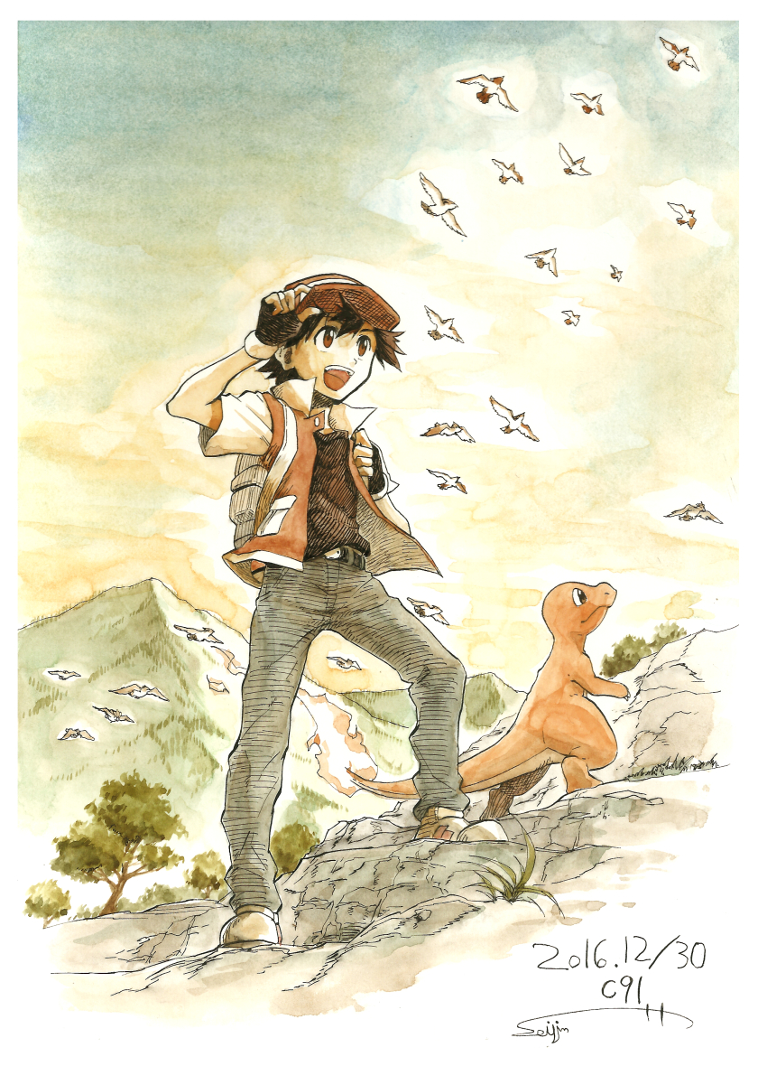 1boy, 2016, absurdres, belt, bird, black_hair, black_shirt, charmander, dated, denim, fingerless_gloves, fire, flame-tipped_tail, gen_1_pokemon, gloves, hand_on_own_headwear, hat, highres, jacket, jeans, looking_to_the_side, male_focus, mountain, nintendo, pants, pidgeotto, pikachu, pokemon, pokemon_(creature), pokemon_red/green/blue/yellow, red_(pokemon), red_jacket, sei_jun, shirt, short_hair, signature, sky, tail, traditional_media, tree