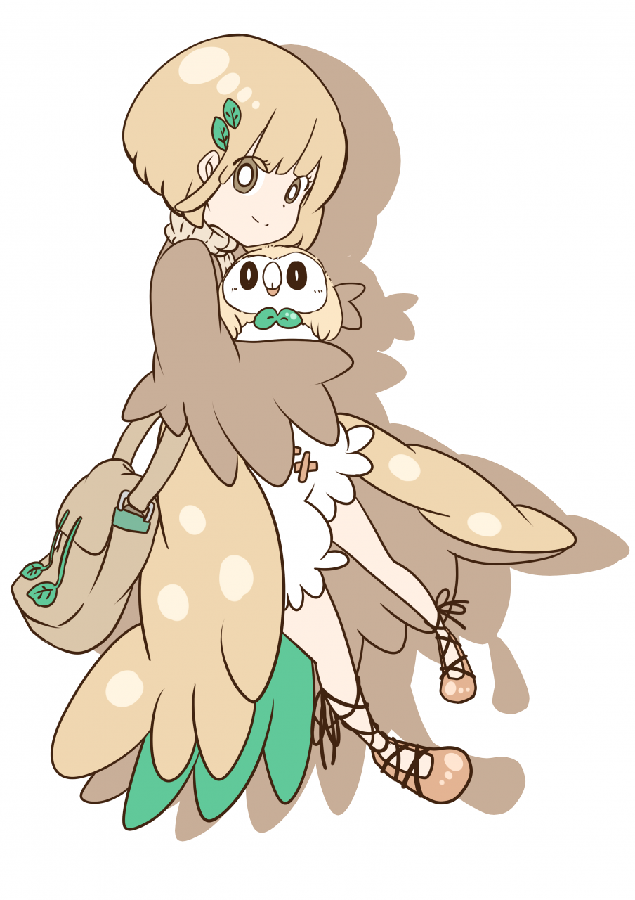 1girl, bag, beak, bird, bird_wings, bob_cut, bright_pupils, brown_eyes, brown_footwear, brown_jacket, carrying, closed_mouth, creature_and_personification, eyes_visible_through_hair, feathered_wings, feathers, full_body, gen_7_pokemon, hair_ornament, handbag, highres, jacket, koyori-018, leaf, leaf_hair_ornament, light_brown_hair, long_sleeves, moemon, nintendo, no_eyebrows, open_clothes, open_jacket, overskirt, owl, personification, pigeon-toed, pokemon, pokemon_(creature), pokemon_sun_and_moon, puffy_shorts, ribbed_sweater, rowlet, shoes, short_hair, shorts, silhouette, simple_background, smile, sweater, turtleneck, turtleneck_sweater, white_background, white_shorts, wings
