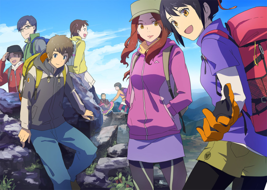 10s, 4boys, 4girls, :d, asao-vc, backpack, bag, black-framed_eyewear, black_hair, black_legwear, blue_eyes, boots, breasts, brown_eyes, brown_hair, cloud, cloudy_sky, coat, commentary_request, day, fujii_tsukasa, glasses, gloves, green_eyes, green_shorts, hair_ribbon, hand_on_headwear, hand_up, hands_in_pockets, hat, holding_hands, hood, hood_down, hooded_coat, hoodie, horizon, jacket, kimi_no_na_wa., light_smile, lipstick, long_hair, long_sleeves, looking_afar, looking_at_another, looking_away, looking_to_the_side, low-tied_long_hair, makeup, medium_breasts, miyamizu_mitsuha, miyamizu_yotsuha, mountain, mountaintop, multiple_boys, multiple_girls, natori_sayaka, okudera_miki, open_mouth, outdoors, outstretched_hand, pants, pantyhose, parted_lips, perspective, pink_jacket, pink_legwear, plant, pocket, purple_skirt, reaching, reaching_towards_viewer, reclining, red_ribbon, ribbon, rock, scenery, short_sleeves, shorts, sidelocks, skirt, sky, small_breasts, smile, standing, striped_legwear, sweatdrop, tachibana_taki, takagi_shinta, teshigawara_katsuhiko, twintails, updo, vest, white_shorts, white_skirt, zipper, zipper_pull_tab