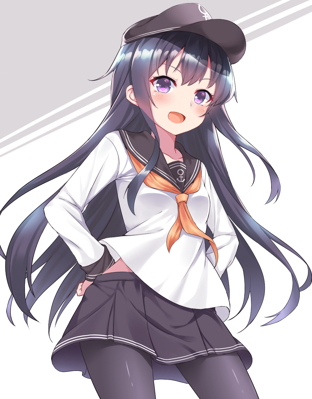 10s, 1girl, :d, akatsuki_(kancolle), black_hair, black_pantyhose, black_skirt, blush