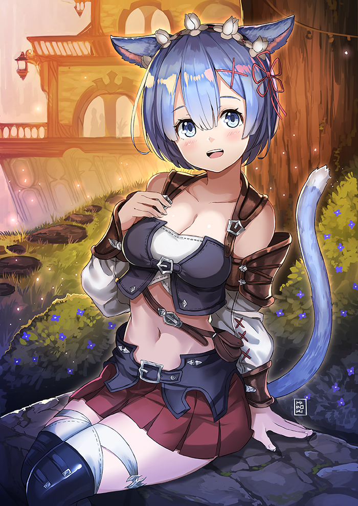 10s, 1girl, :d, alternate_costume, animal_ears, arm_at_side, arm_guards, belt, belt_buckle, black_boots, blue_eyes, blue_hair, boots, breasts, buckle, building, bush, cat_ears, cat_tail, cleavage, collarbone, cosplay, crop_top, female_focus, final_fantasy, final_fantasy_xiv, grass, hair_between_eyes, hair_ornament, hair_ribbon, hairband, hand_on_own_chest, hiroki_(hirokiart), kemonomimi_mode, knee_boots, lantern, leather, legs_together, light_particles, lolita_hairband, looking_at_viewer, maid_headdress, matching_hair/eyes, medium_breasts, miqo'te, miqo'te_(cosplay), moss, navel, open_mouth, outdoors, pink_ribbon, plant, re:zero_kara_hajimeru_isekai_seikatsu, red_ribbon, red_skirt, rem_(re:zero), ribbon, rock, short_hair, sitting, skirt, smile, solo, stomach, tail, tareme, x_hair_ornament