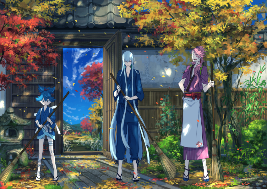10s, 3boys, autumn_leaves, blue_eyes, blue_hair, blue_sky, broom, closed_eyes
