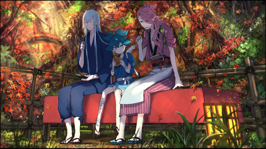 10s, 3boys, asymmetrical_bangs, bench, bishounen, blue_eyes, blue_hair, closed_eyes, dango, dappled_sunlight, day, eating, fence, food, full_body, green_eyes, heterochromia, highres, japanese_clothes, kousetsu_samonji, male_focus, mitarashi_dango, multiple_boys, nature, open_mouth, outdoors, pink_hair, pippi_(pixiv_1922055), ponytail, samonji_family_(touken_ranbu), sandals, sayo_samonji, sitting, smile, souza_samonji, sunlight, swept_bangs, touken_ranbu, tree, wagashi