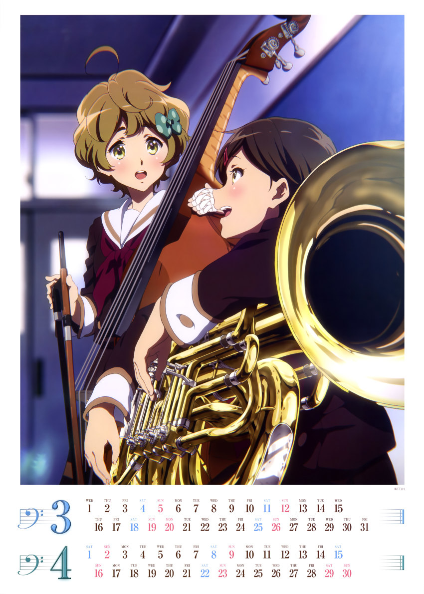 10s, 2girls, absurdres, ahoge, april, bow, brown_eyes, brown_hair