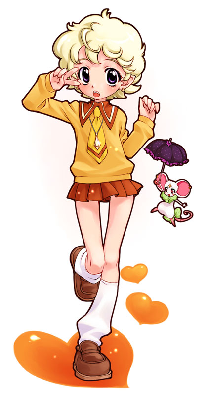 00s, 1girl, afro, blanca_(sugar_sugar_rune), blonde_hair, curly_hair, earrings, familiar