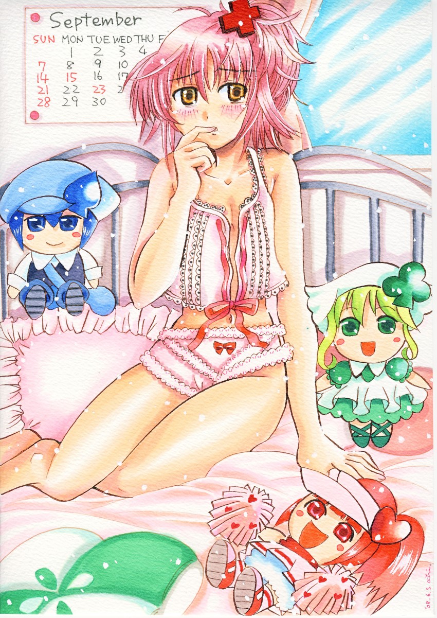 absurdres, blush, highres, hinamori_amu, occhii, pink_hair, short_hair, shugo_chara!, traditional_media