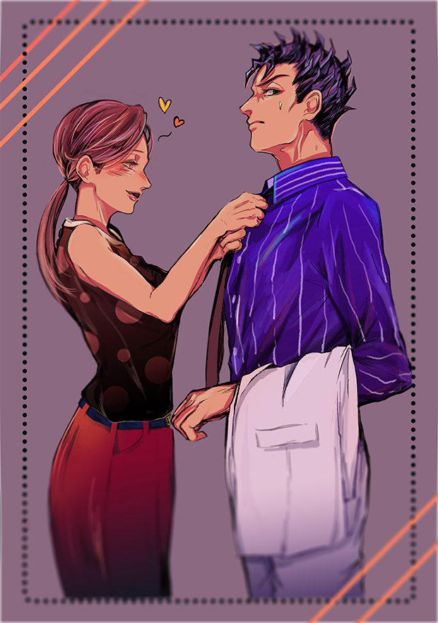 1boy, 1girl, adjusting_clothes, bad_id, bad_pixiv_id, black_eyes, black_hair, blurry