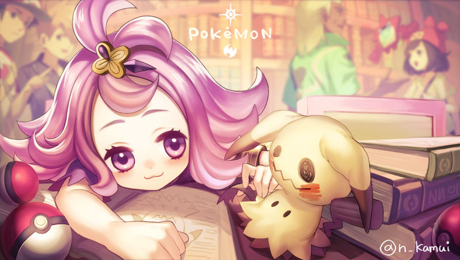 2girls, 3boys, :3, :d, acerola_(pokemon), antenna_hair, armlet, bag