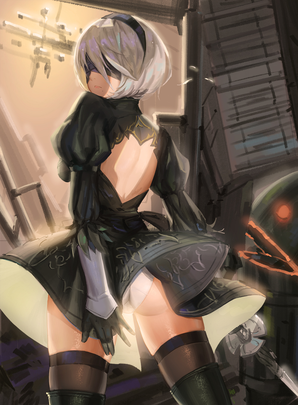 1girl, 2b_(nier:automata), android, ass, black_boots, black_dress, black_gloves, black_hairband