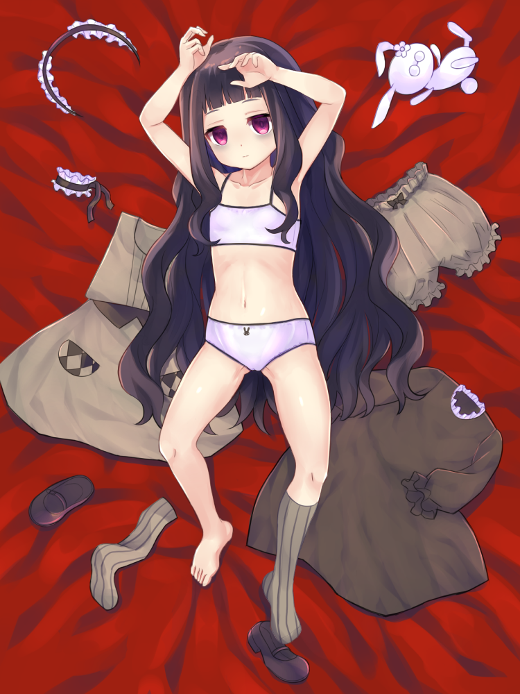 10s, 1girl, animal_print, armpits, arms_up, bags_under_eyes, black_hair, bloomers