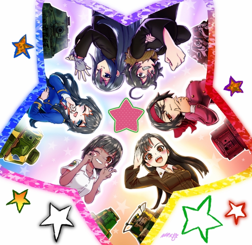 10s, 6+girls, artist_name, asymmetrical_bangs, aung_(girls_und_panzer), black_gloves, black_hair, bow, brown_eyes, brown_hair, brown_jacket, chi-hatan_military_uniform, dark-skinned_female, dark_skin, doi_chifuyu, eclair_(girls_und_panzer), elefant, fingerless_gloves, girls_und_panzer, girls_und_panzer_gekitou!_maginot-sen_desu!!, girls_und_panzer_little_army, girls_und_panzer_ribbon_no_musha, gloves, hair_bow, hair_ribbon, hand_on_own_chin, highres, jacket, kamiyama_kenta, long_hair, long_sleeves, looking_at_viewer, military, military_uniform, military_vehicle, motor_vehicle, multiple_girls, nishi_kinuyo, one_eye_closed, open_mouth, red_ribbon, ribbon, somua_s35, salute, school_uniform, short_hair, signature, smile, spade, standing, star_(symbol), tank, tsuruki_shizuka, type_97_chi-ha, type_97_te-ke, vehicle_interior, yamamori_neko