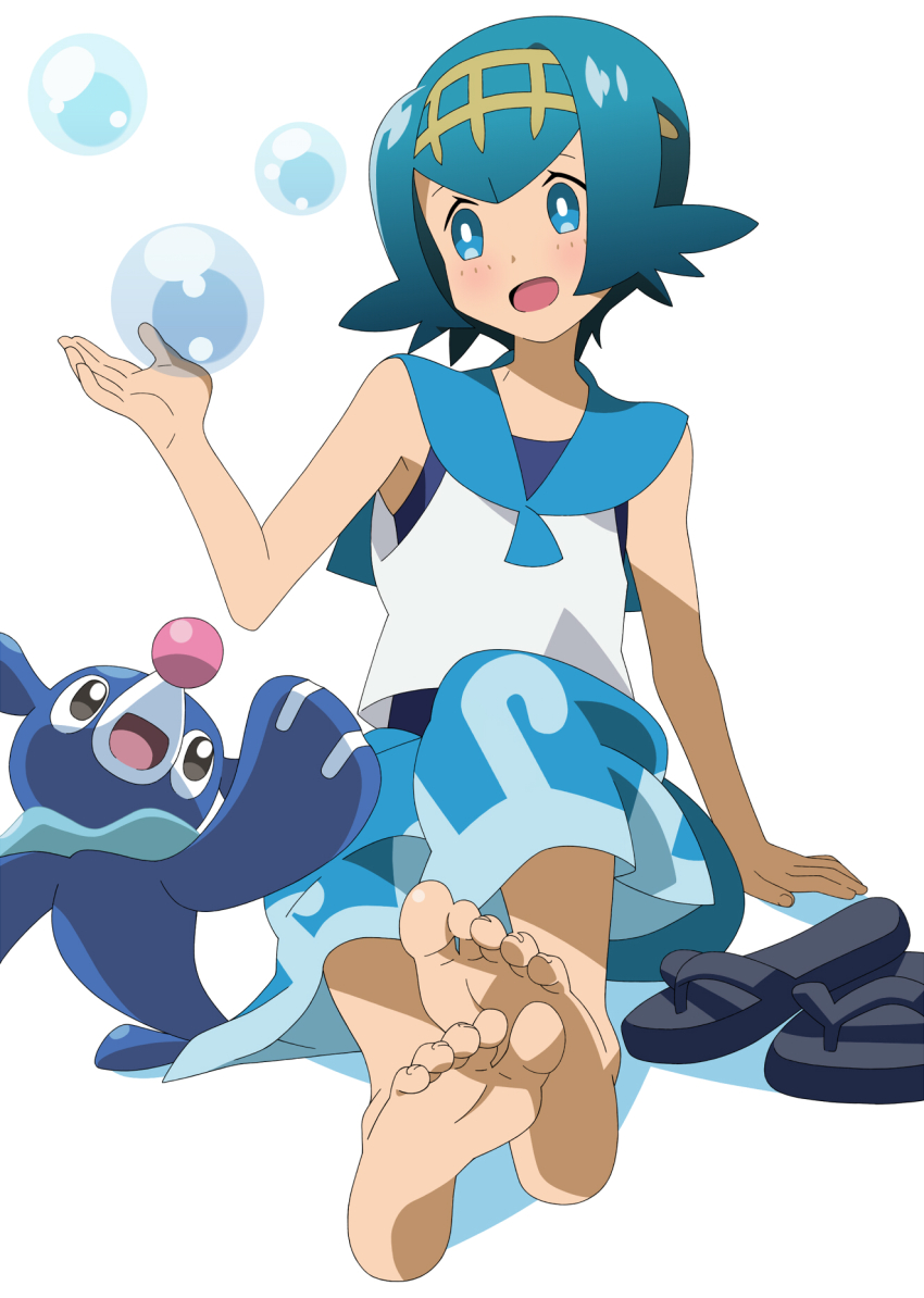1girl, baggy_pants, barefoot, blue_eyes, blue_hair, blush, bubble, capri_pants, feet, female_focus, gen_7_pokemon, hairband, highres, kuroi_ohagi, lana_(pokemon), matching_hair/eyes, nintendo, one-piece_swimsuit, open_mouth, pants, pokemon, pokemon_(creature), pokemon_sun_and_moon, popplio, sandals, shoes, short_hair, simple_background, sleeveless, smile, soles, solo, swimsuit, swimsuit_under_clothes, toes, trial_captain, unworn_sandals, unworn_shoes, white_background