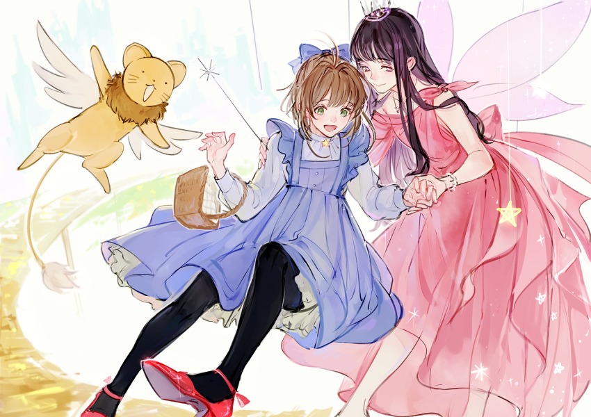 1990s_(style), 2girls, antenna_hair, black_hair, brown_hair, cardcaptor_sakura, daidouji_tomoyo, flower