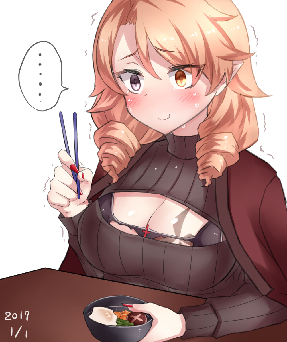 ..., 1girl, 2017, black_sweater, blush, bowl, bra, breast_tattoo, breasts, carrot, cleavage, comic, commentary_request, dated, drill_hair, eating, egg, embarrassed, food, hanten_(clothes), hanten_(hanten1059), highres, large_breasts, long_hair, long_sleeves, mushroom, nail_polish, neit_ni_sei, nervous_sweating, new_year, open-chest_sweater, original, pink_eyes, pink_hair, ribbed_sweater, spoken_ellipsis, sweat, sweater, tattoo, torn_bra, torn_clothes, translation_request, trembling, twin_drills, underwear, zouni_soup