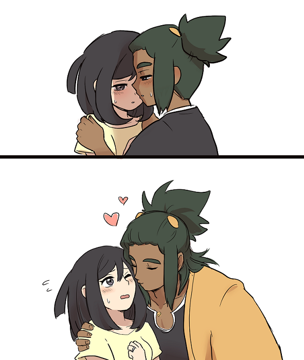 1boy, 1girl, 2koma, aged_up, black_hair, blush, close-up, closed_eyes, comic, dark-skinned_male, dark_skin, face-to-face, hand_on_shoulder, hau_(pokemon), heart, hetero, ichi_(yyy1mmm6), jewelry, kiss, long_hair, nintendo, one_eye_closed, panels, pokemon, pokemon_sun_and_moon, ponytail, ring, selene_(pokemon), short_hair, simple_background, sweatdrop, upper_body, wedding_band, white_background