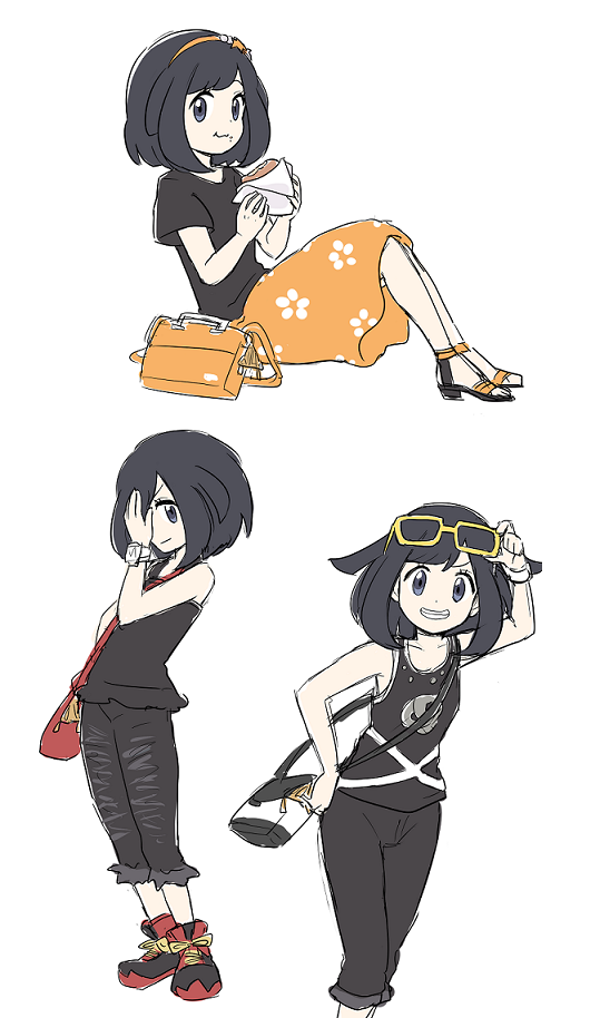 1girl, bag, black_hair, black_pants, black_shirt, cosplay, covering_own_eyes, eyewear_on_head, floral_print, food, food_on_face, gladion_(pokemon), gladion_(pokemon)_(cosplay), hairband, ichi_(yyy1mmm6), long_skirt, malasada, nintendo, orange_skirt, pants, pokemon, pokemon_sun_and_moon, selene_(pokemon), shirt, shoes, short_hair, simple_background, sitting, skirt, slippers, standing, sunglasses, swept_bangs, team_skull, team_skull_(cosplay), team_skull_grunt, team_skull_grunt_(cosplay), white_background, z-ring