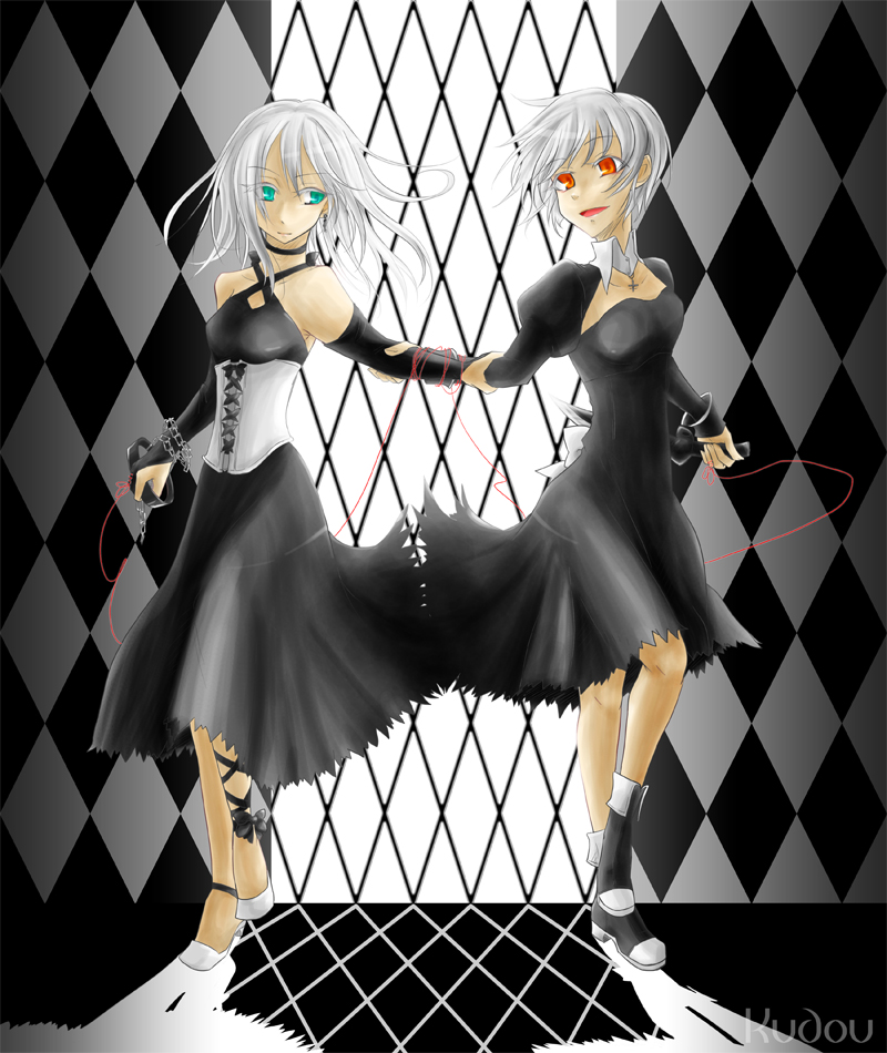 2girls, artist_name, blue_eyes, chain, closed_mouth, copyright_request, dress, holding_hands