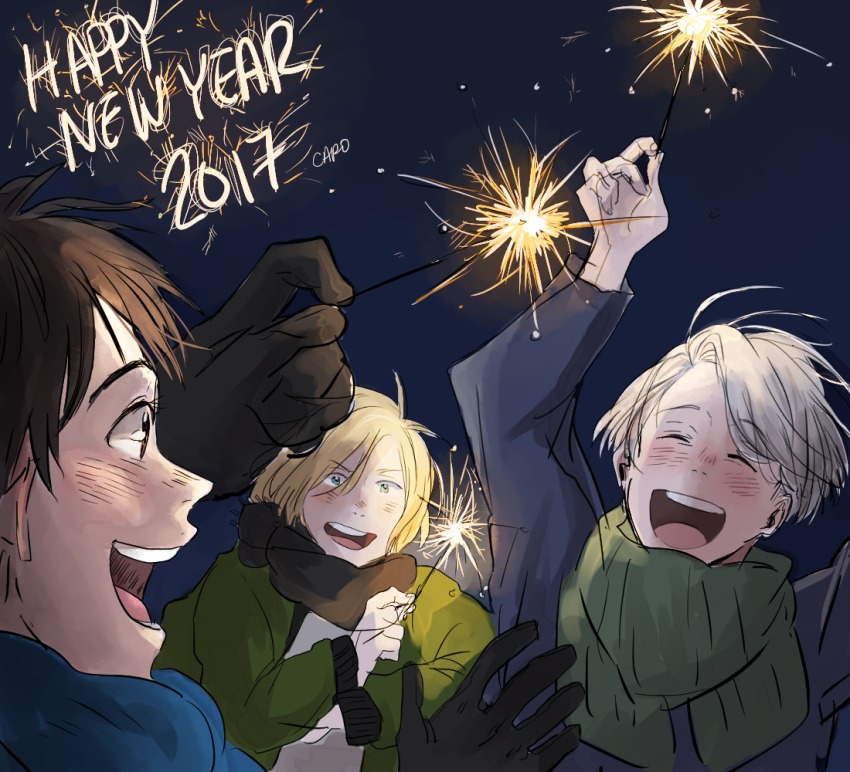 10s, 2017, 3boys, ^_^, azebra-was-here, black_gloves, black_hair, blonde_hair