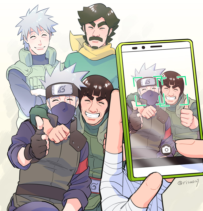 5boys, beard, black_hair, cellphone, closed_eyes, facial_hair, father_and_child, father_and_son, fingerless_gloves, ghost, gloves, grin, hatake_kakashi, hatake_sakumo, mask, might_duy, might_guy, multiple_boys, mustache, naruto_(classic), naruto_(series), parent_and_child, phone, risuo, rock_lee, silver_hair, smartphone, smile, thumbs_up
